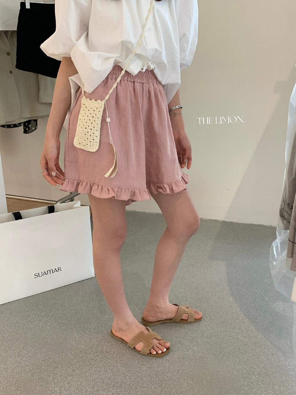 Quần short nữ cạp chun ống rộng chất liệu linen phối viền ren — màu sắc, xanh lam, Màu cà phê, màu hồng chi tiết 21