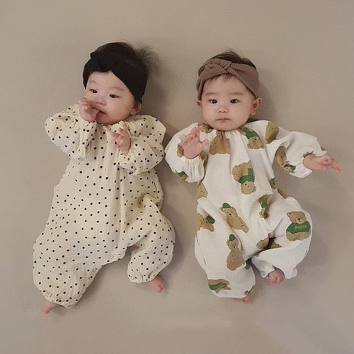 Infants and young children spring and autumn long-sleeved cute jumpsuits for men and women, loose and casual Korean-style rompers and stylish harem suits