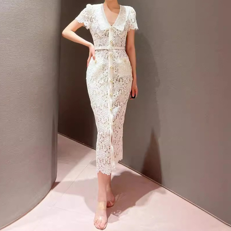 2026 Elegant Short-Sleeve Collared Waist-Cinching Dress with High-End Water-Soluble Lace Pencil Mid-Length Skirt, Intellectual Style