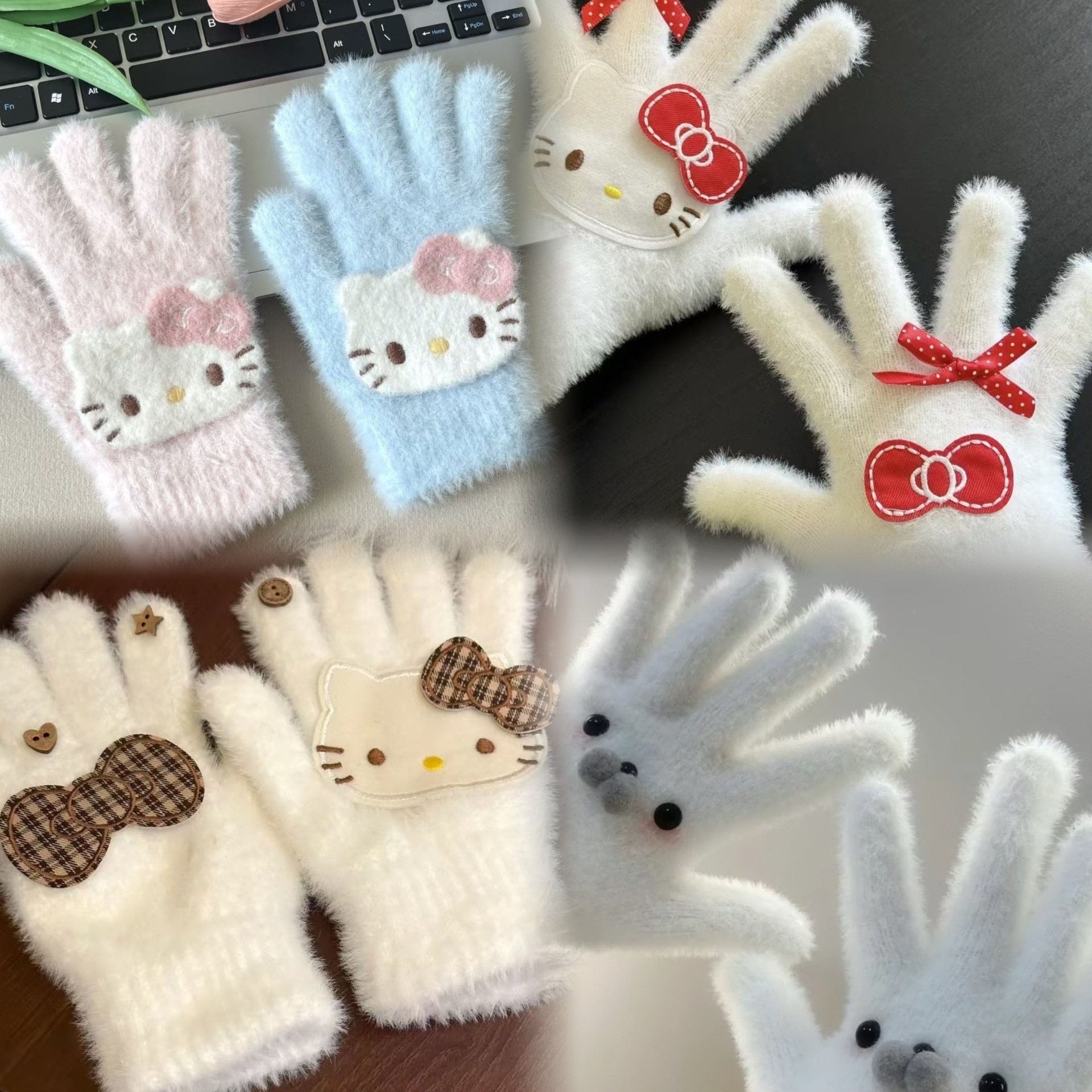 新款复古文艺格子kitty手套女冬季2025新款保暖五指学生骑车防寒