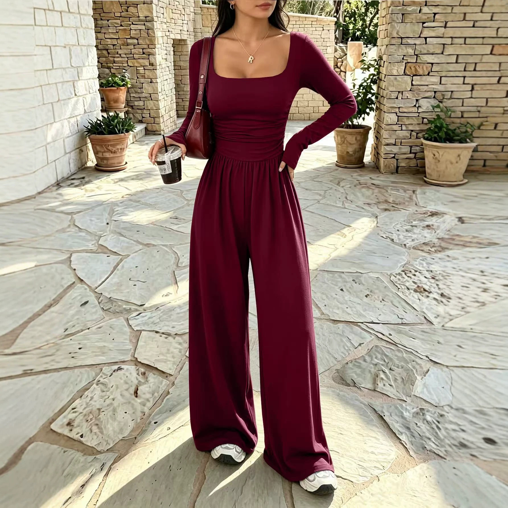 European and American women's autumn and winter Amazon cross-border new collection: simple, solid-color, casual long-sleeved wide-leg jumpsuit