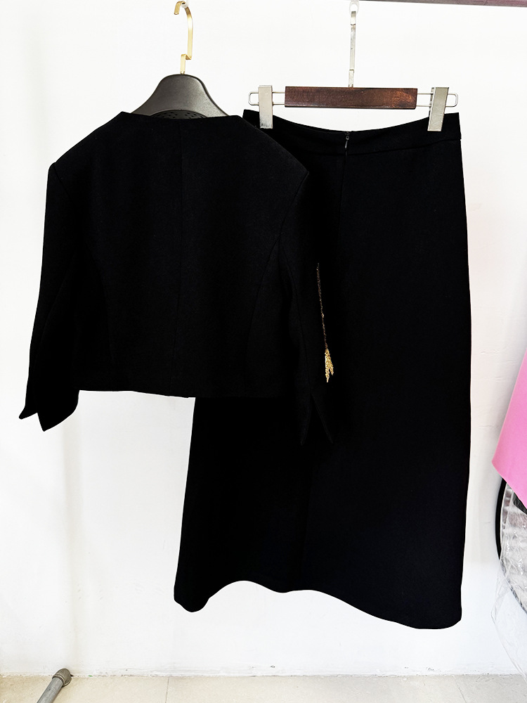 Floral Heavy Industry Beads Three Quarter Sleeve Jacket Coat Mid Length Skirt Set