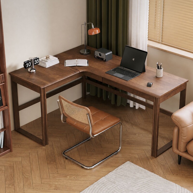 Solid Wood Corner Desk for Bedroom, Home-Use Desktop Computer Desk, Wall-Mounted L-Shaped Corner Office Desk, Double Study Desk