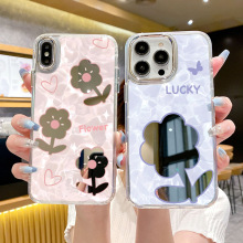 简约潮流花朵手机壳iphone17全包防摔壳带镜子苹果16plus少女批发