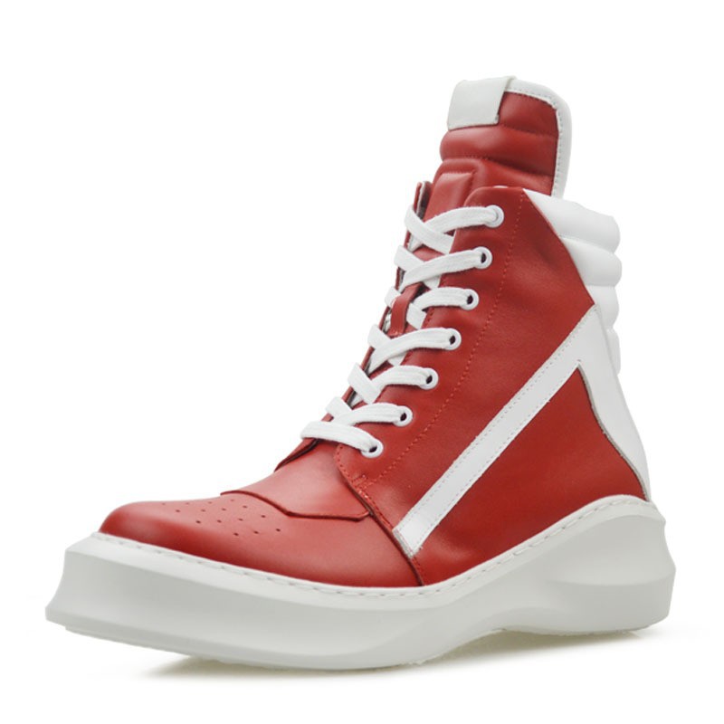 欧美休闲马丁靴男超轻软底增高松糕鞋潮流系带红色百搭高帮男鞋
