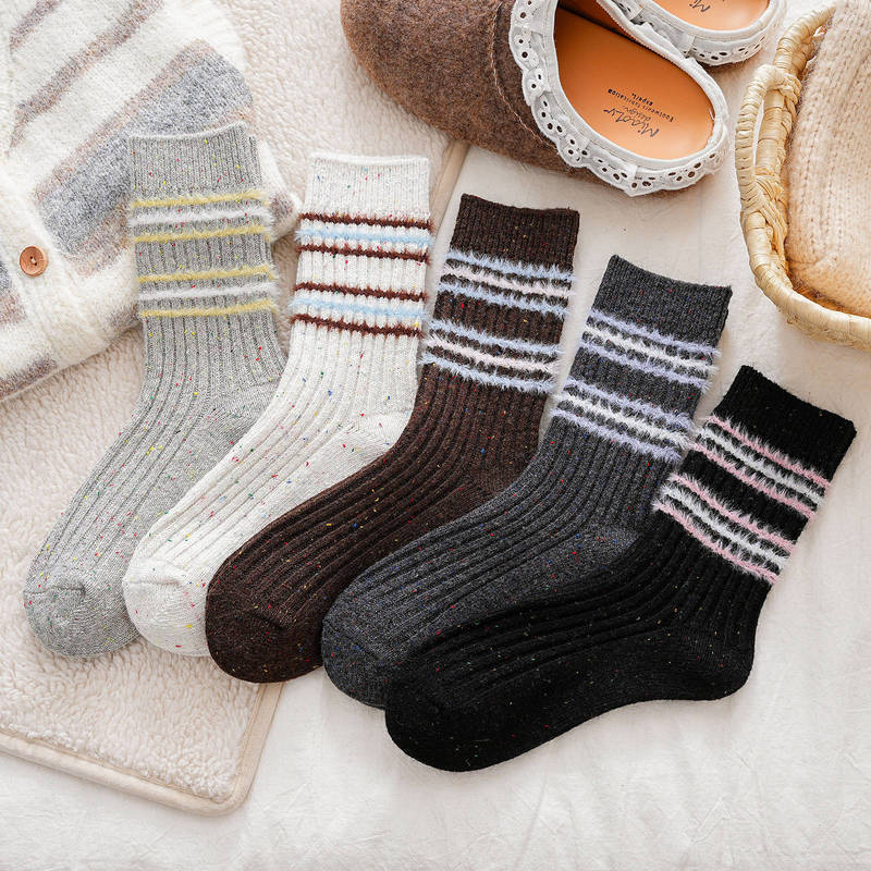 Furry Wool Socks Korean Style Striped Women's Socks Coffee Color Warm Thick Socks Warm Velvet Autumn and Winter Boot Socks Retro Literary
