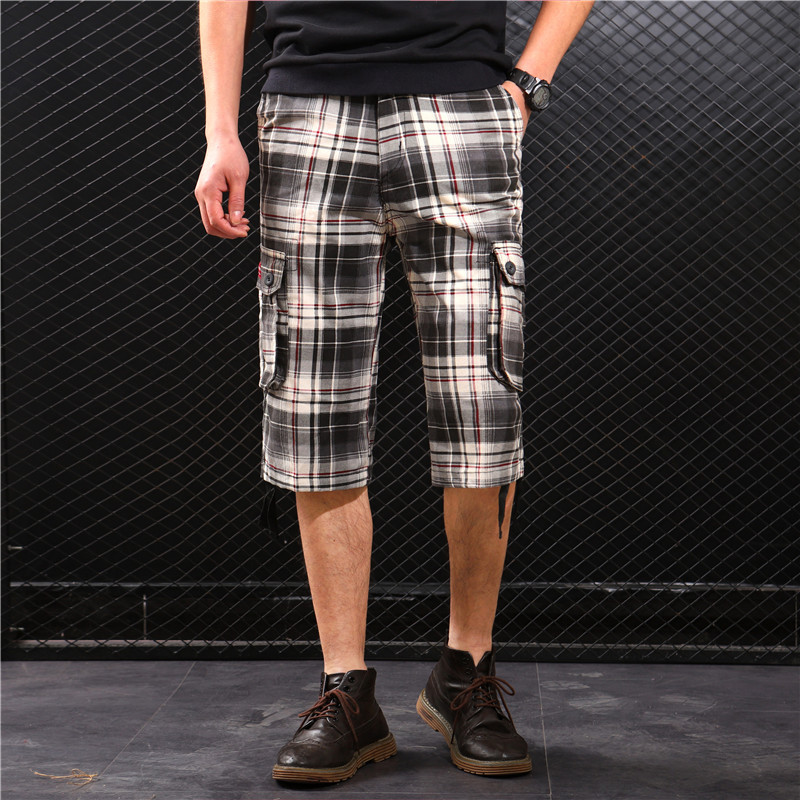 Primavera y verano Comercio exterior Plaid shorts pantalones de playa de los hombres multi-Bolsillo 7-punto pantalones sueltos más tamaño ropa de trabajo medio pantalones al por mayor
