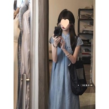 国风新中式蓝色立领短袖旗袍裙女夏季新款复古宽松显瘦长款连衣裙