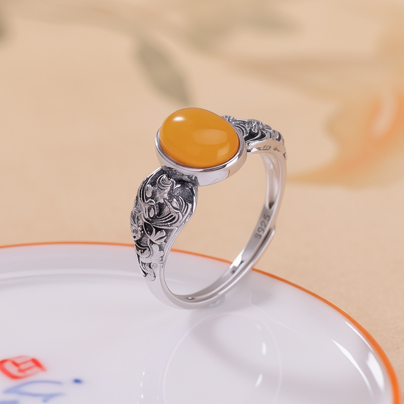 Nhẫn bạc S925 đính đá onyx đỏ họa tiết sóng biển phong cách vintage — Mật ong sáp