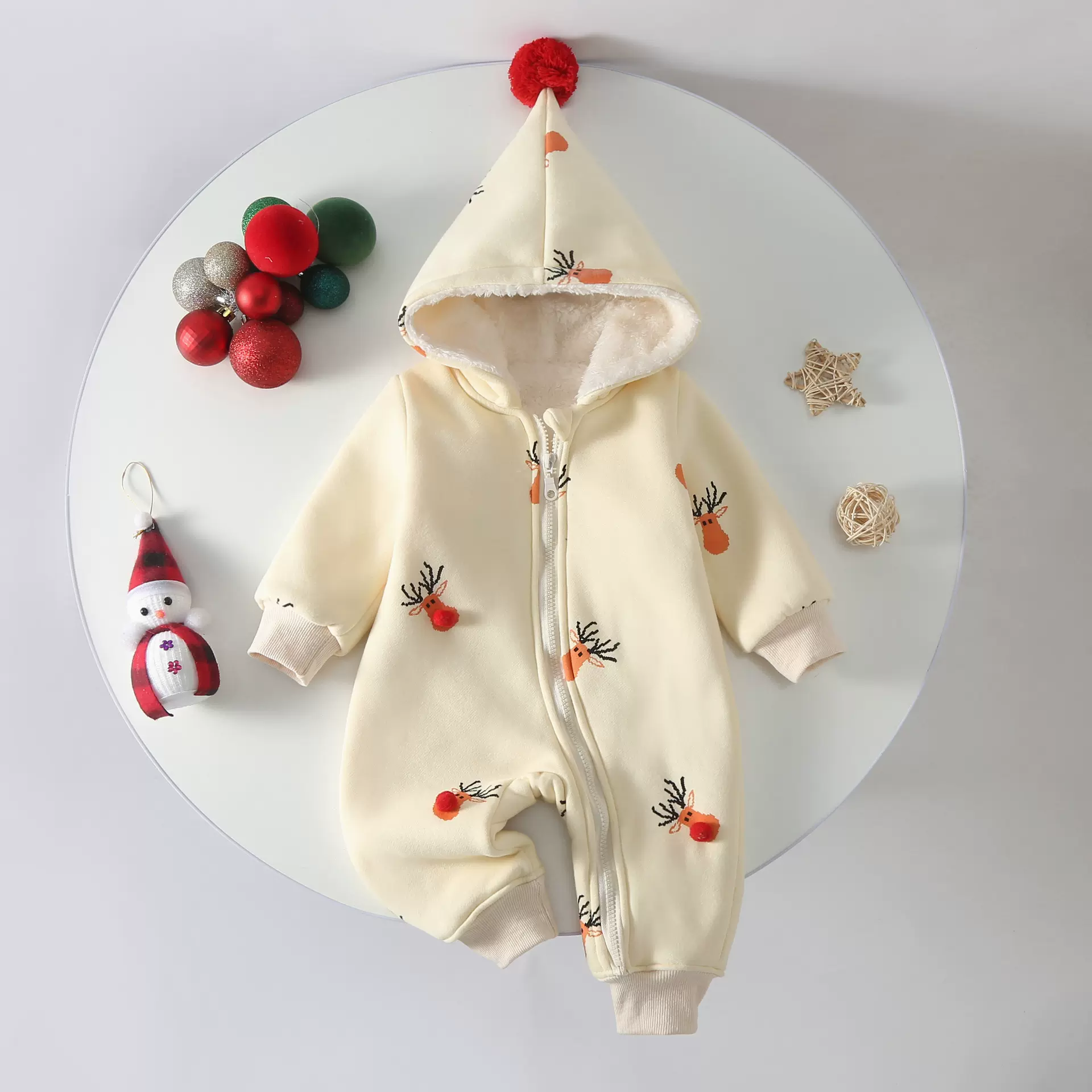 婴儿秋冬连体衣加绒冬装哈衣保暖连帽拉链衫圣诞加绒宝宝外出爬服