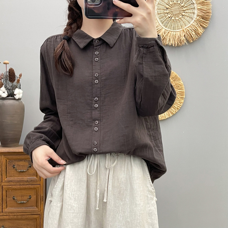 6602简约纯色双层棉纱长袖衬衣女 2025春秋新款休闲显瘦上衣 批发|undefined