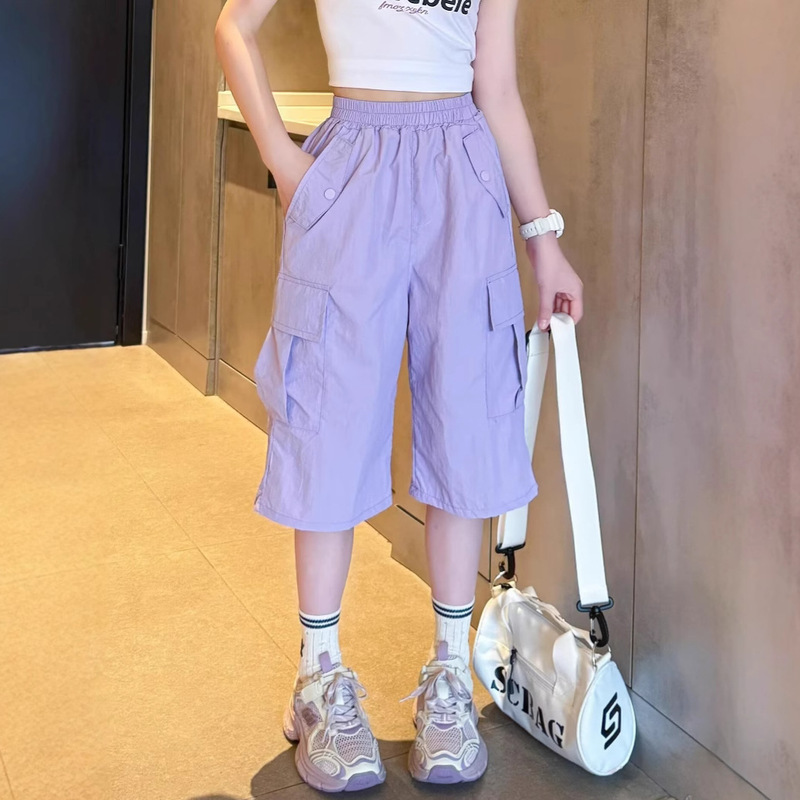 New Children's Cargo Pants Versatile Summer Thin Quick-Dry Pants for Girls Stylish Cropped Pants for Older Children