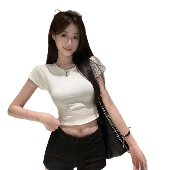 Cross-border Crewneck Short Navel-exposed Short-sleeved T-shirt Women's Summer Design Sense Slim-fit Tight Waist Shoulder T-shirt Spice Girls Slim Look
