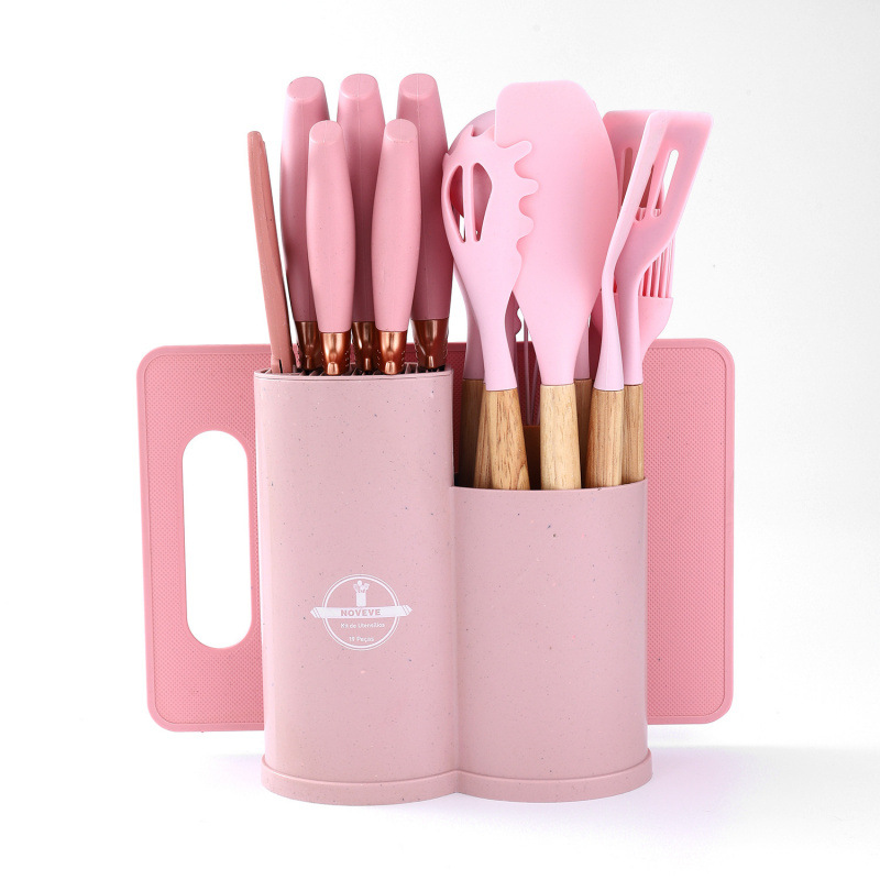 19 conjuntos de cubierta de cocina de silicona, conjunto de color de paja, conjunto de herramientas combinadas con soporte de cuchillo de contenedor resistente a altas temperaturas