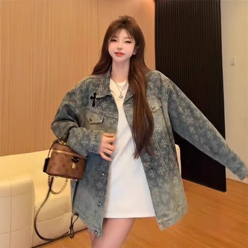 Denim Jacket Men's Spring & Fall 2024 New Trendy Brand Loose Handsome Workwear Washed Jacquard Shirt Jacket Top Women