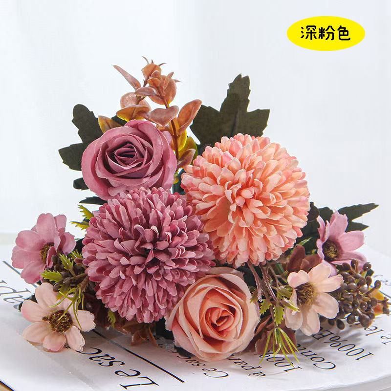 ヨーロッパスタイルの6頭の香りのよいバラの花束、造花、秋の結婚式のフラワーアレンジメント、造花、リビングルームの卓上装飾|undefined