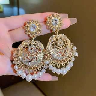 中古镶钻花朵珍珠耳钉宫廷风个性气质百搭重工耳环轻奢高级感耳饰