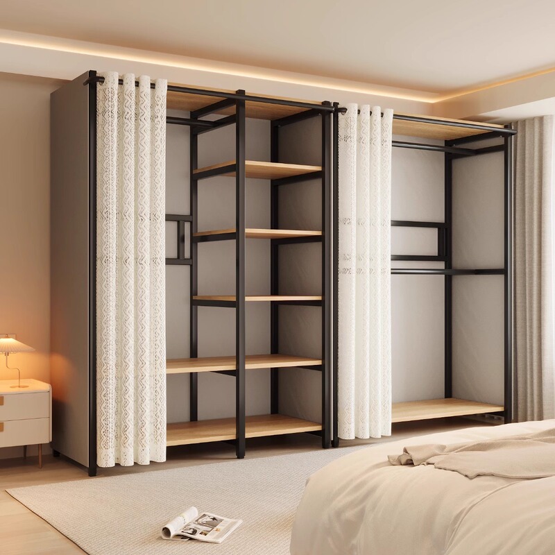 Open Wardrobe with Metal Frame Storage Cabinet for Bedroom, Easy-To-Assemble Closet for Home Use, Suitable for Rental Apartments