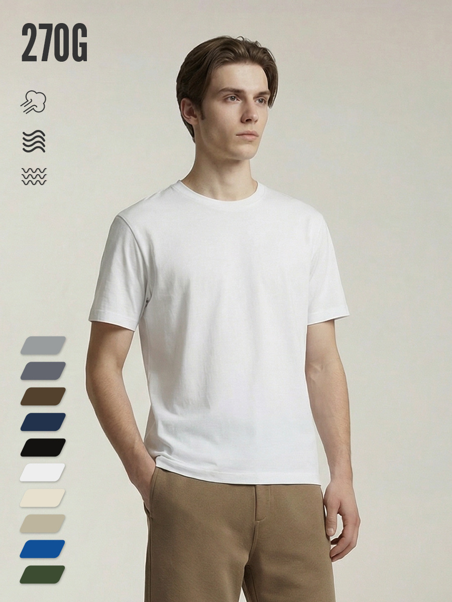 Camiseta de manga corta con cuello redondo, estilo casual americano, de algodón puro de color sólido, de algodón Xinjiang de 270 g, para hombre y mujer, con logo del fabricante impreso.