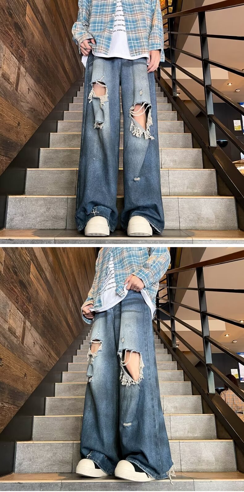 boy European And American Washed Vintage Ripped Jeans For Men, Unique Design, High Street Casual Versatile Fashion Wide-Leg_viptrois.com