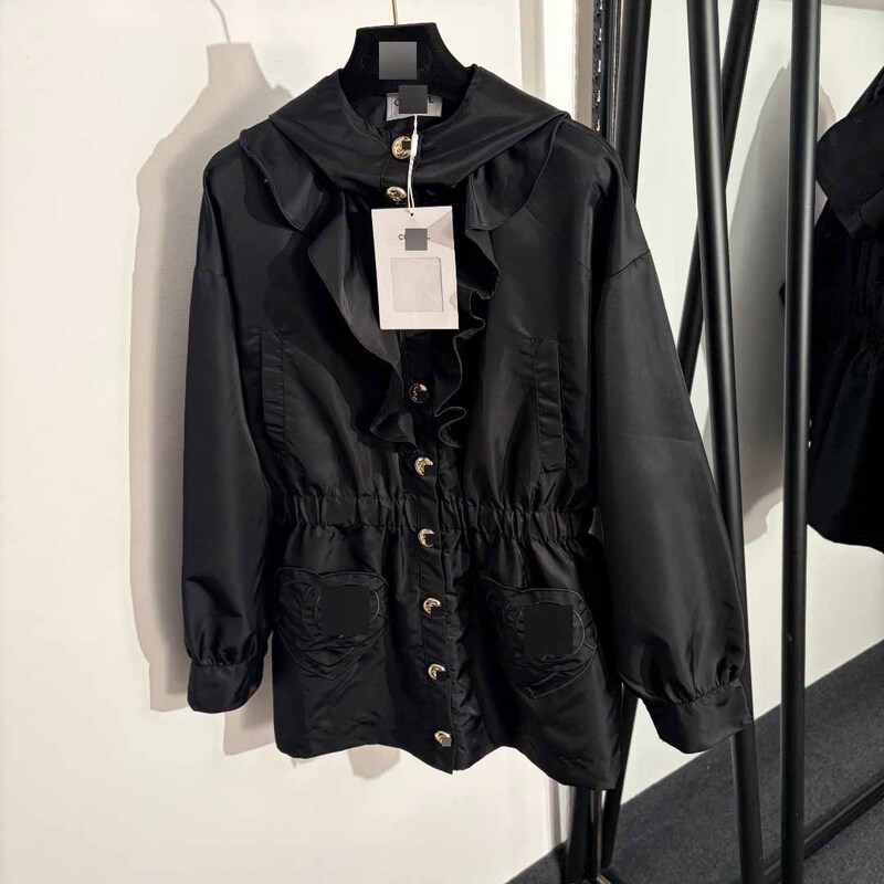 Nanyou High-End New Style Heart Embroidery Pocket Chanel-Style Button Ruffle Collar Waist-Cinching Long-Sleeve Hooded Trench Coat