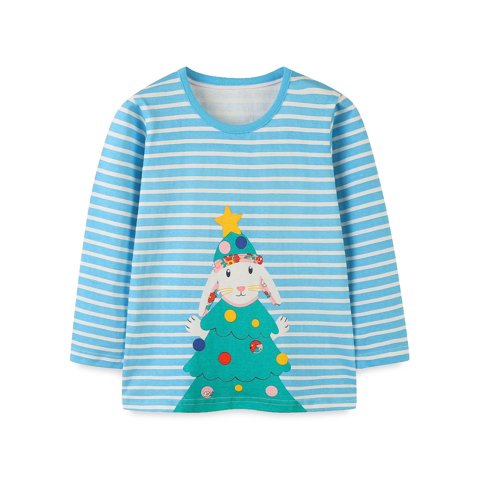 Camiseta de manga larga para niños estilo europeo y americano, nuevo estilo navideño de otoño con estampado de conejo, camiseta básica para niños, venta al por mayor de una sola pieza.