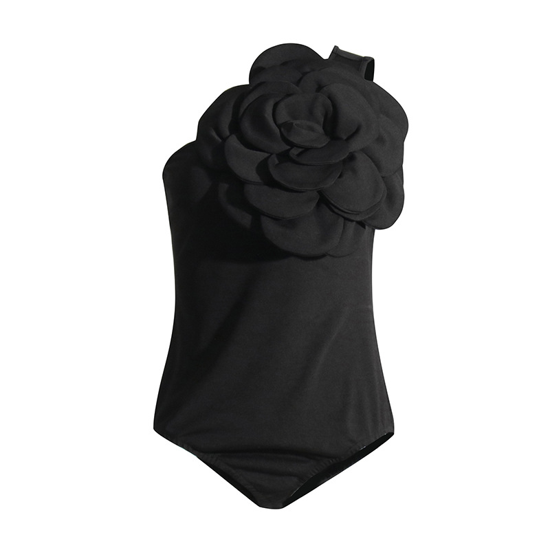 2024 verano nuevo europeo y americano hombro oblicuo diseño tridimensional flor costura sin mangas color sólido mono sexy moda ropa de mujer