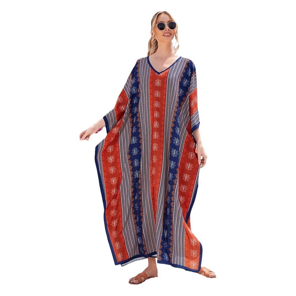 7 colores transfronterizos europeos y americanos más tamaño con cuello en V Vestido de playa blusa suelta vacaciones Falda larga bikini blusa 3897