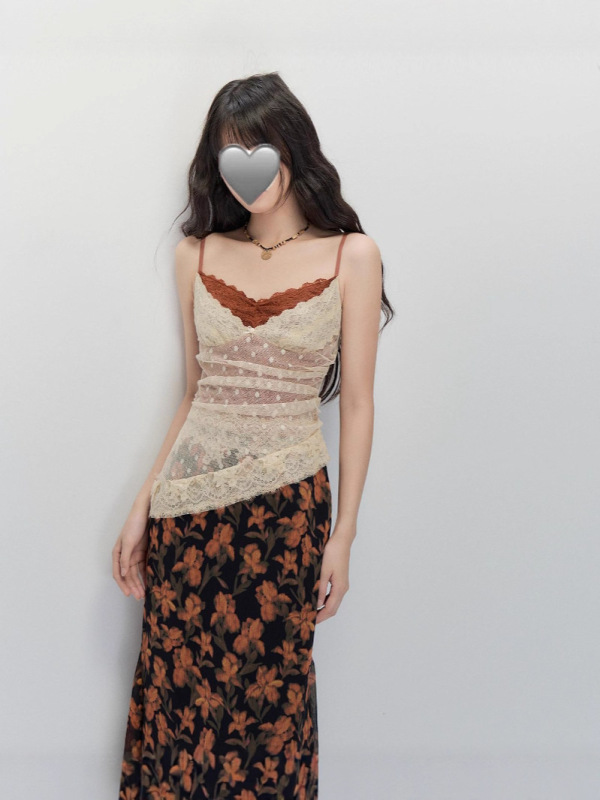 纯欲碎花蕾丝掐腰连衣裙女夏御姐小众古着吊带裙长裙|undefined