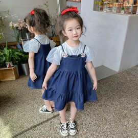 女童夏季连衣裙套装2024新款女宝宝韩版洋气儿童牛仔背带裙两件套
