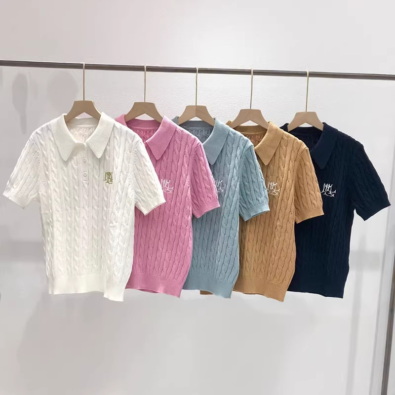 American single-letter embroidered pure cotton cable-knit slim-fit slimming turn-down collar short-sleeve sweater for women, new spring-summer style American single-letter embroidered pure cotton cable-knit slim-fit slimming turn-down collar short-sleeve sweater for women, new spring-summer style