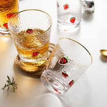 绿典 ins草莓玻璃杯日式清新锤目纹草莓金边水杯果汁冷饮杯牛奶杯