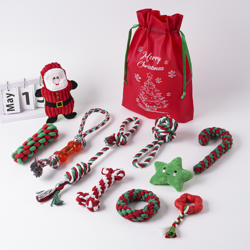 Juguetes para perros de gran venta transfronterizos, juego de juguetes de cuerda de algodón navideños para mascotas, juguete para la dentición, alivio del aburrimiento, juguete navideño con nudos resistentes a las mordidas.