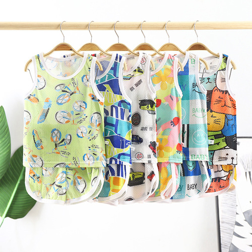 2024 New Children's Thin Hollow Vest Set Boys and Girls Baby Summer Wear Mesh Breathable Sleeveless Two-piece Set