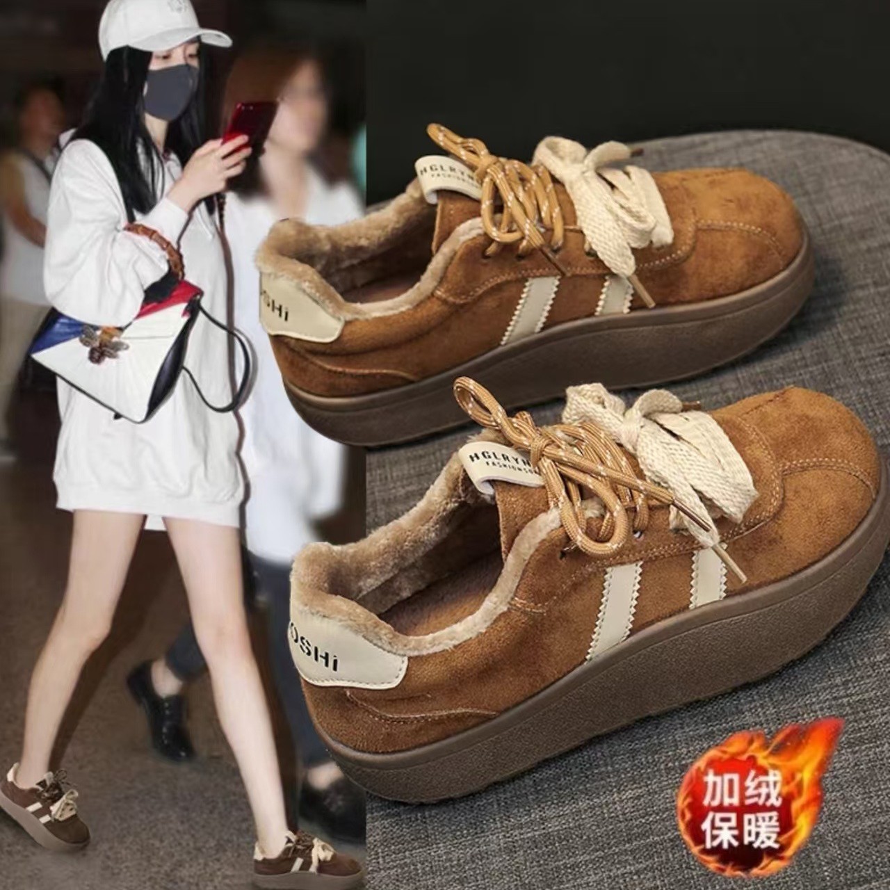 Retro Style Mandarin Duck Lace-Up Thick-Soled Moral Training Shoes for Women 2025 New Velvet Warm and Comfortable Non-Slip Casual Shoes