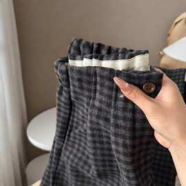 慵懒格子休闲裤女秋冬季复古加厚毛呢西装裤小个子高腰窄版阔腿裤