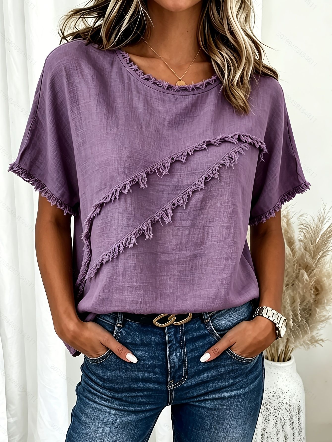 Blusa de mujer en algodón y lino con patchwork y borlas_voghion.com