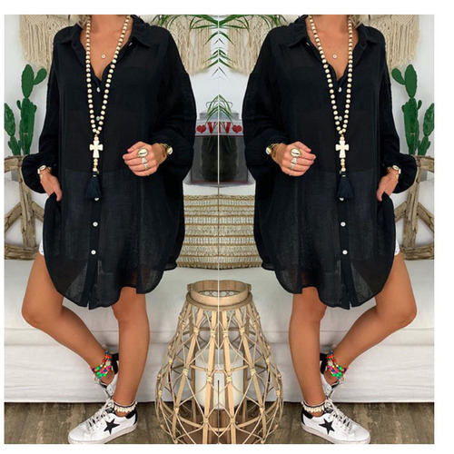 Women's Spring Summer European and American Style Button Down Long Sleeve Loose Casual Shirt Top