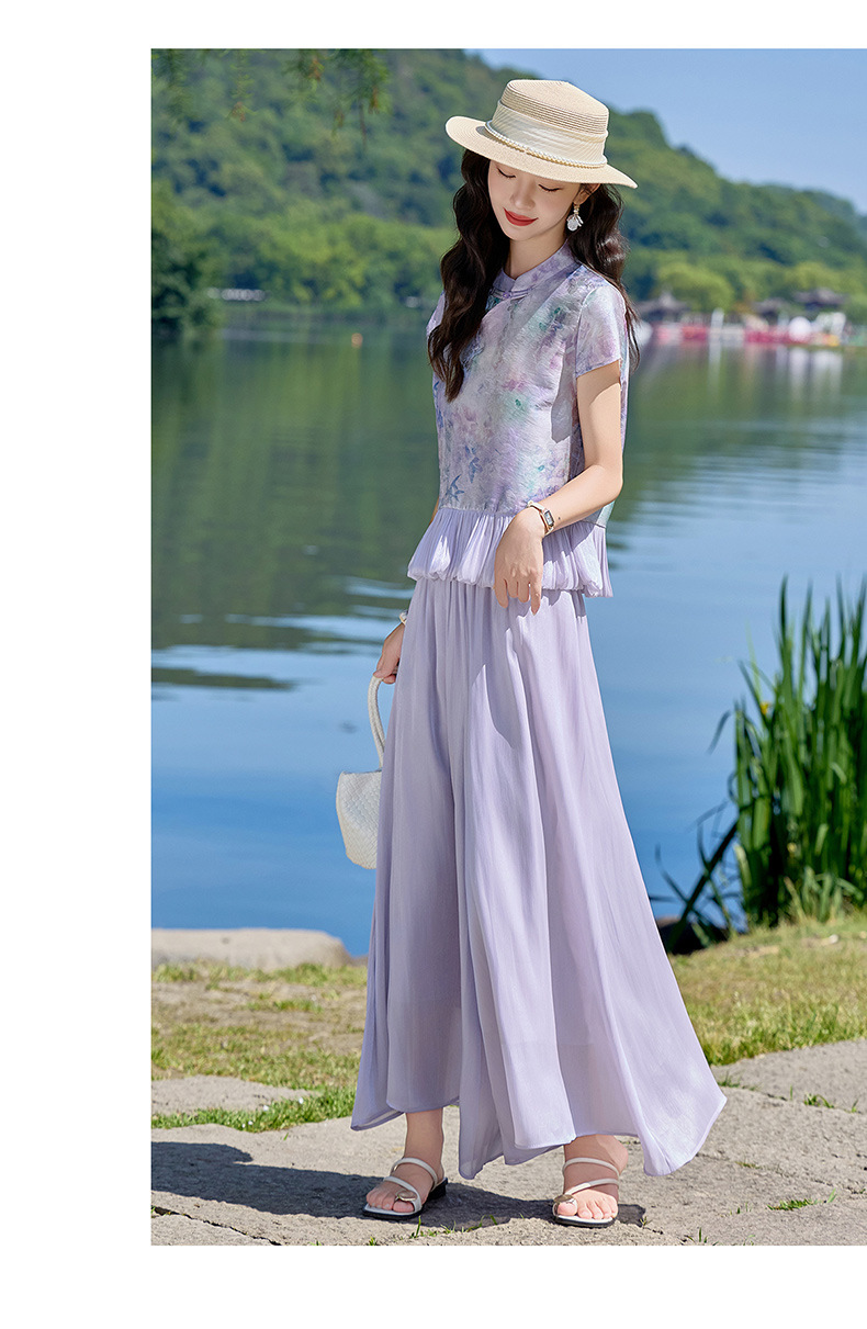 Set áo sơ mi phối quần ống rộng nữ thắt eo 2026 — màu tím chi tiết 17