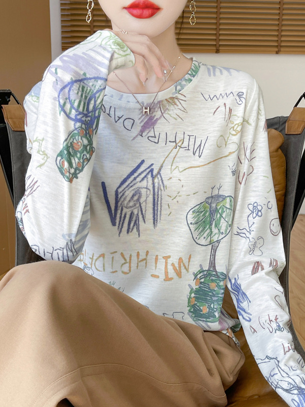 跨境莱赛尔天丝2025秋季女士扎染短款休闲圆领长袖打底衫毛衣百搭|undefined