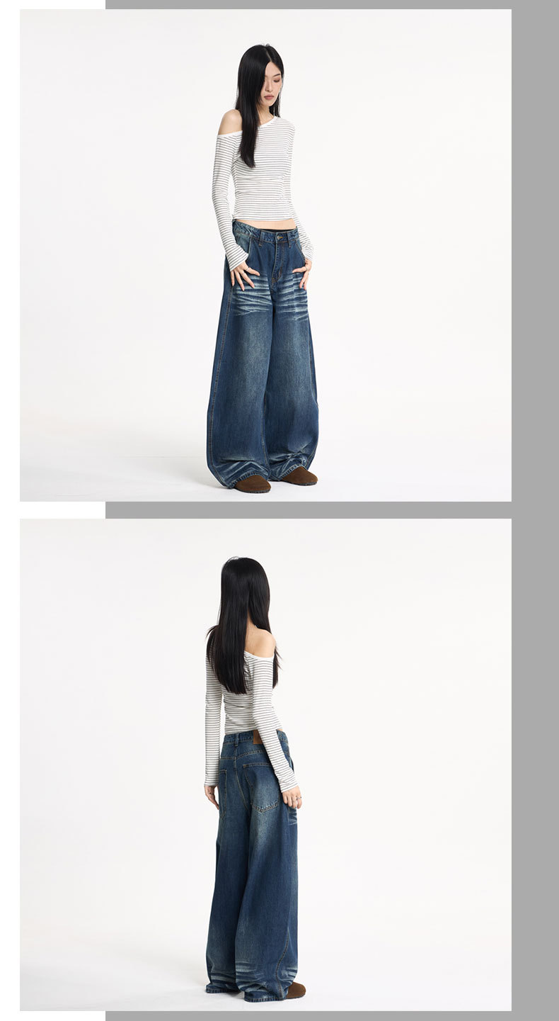 LKTM Men's Vintage Washed Blue Baggy Jeans Relaxed Fit Wide Leg Bootcut Trousers with Retro Whisker Distressing_viptrois.com