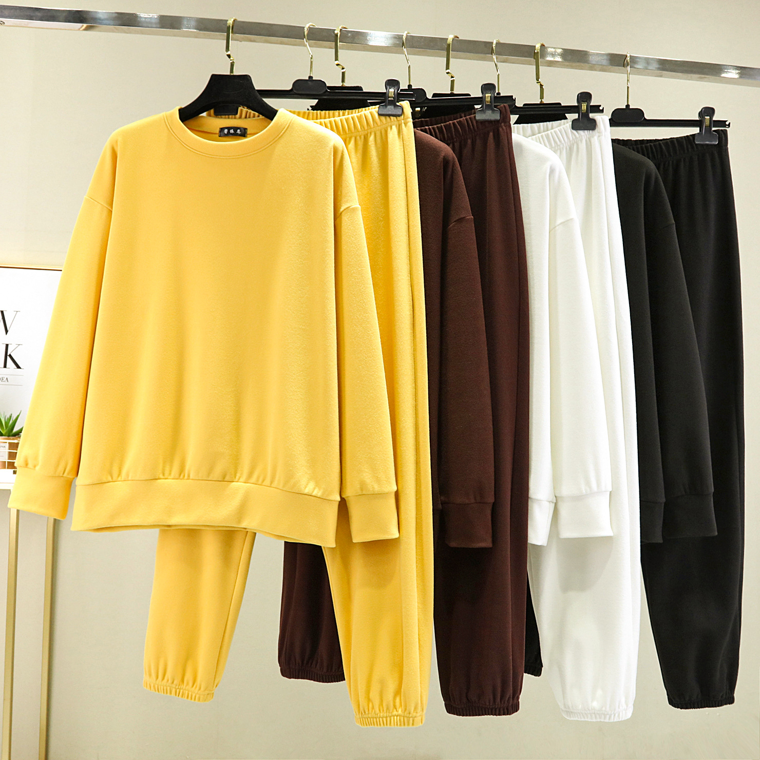 韩版加厚德绒圆领保暖套装秋冬款女士长袖卫衣卫裤磨毛休闲两件套