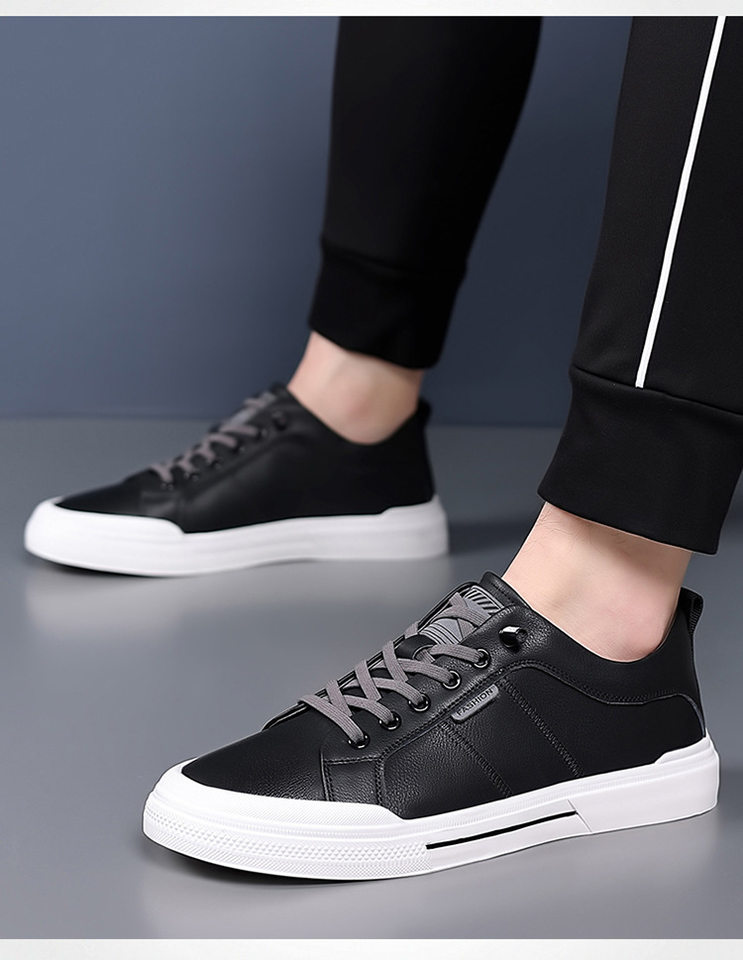 Giày da nam kiểu sneaker cổ thấp dây buộc co giãn, đế cao 1-3 cm — Màu trắng, Màu đen chi tiết 15
