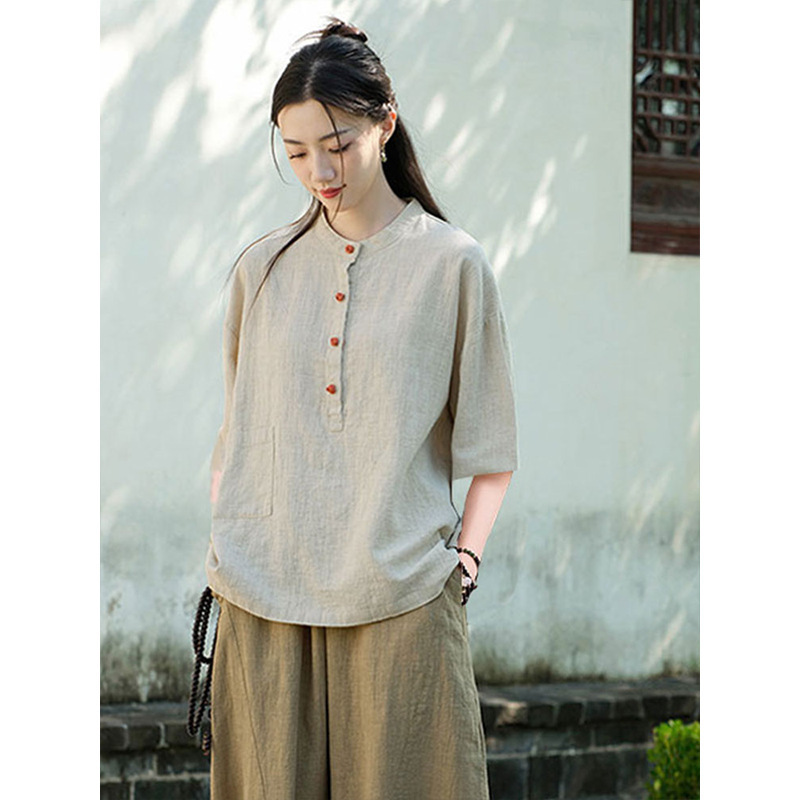 女性用在家服、中国風婦人服、綿麻ボタン付きトップス、禅服、中国風仏教禅無地スーツ|undefined