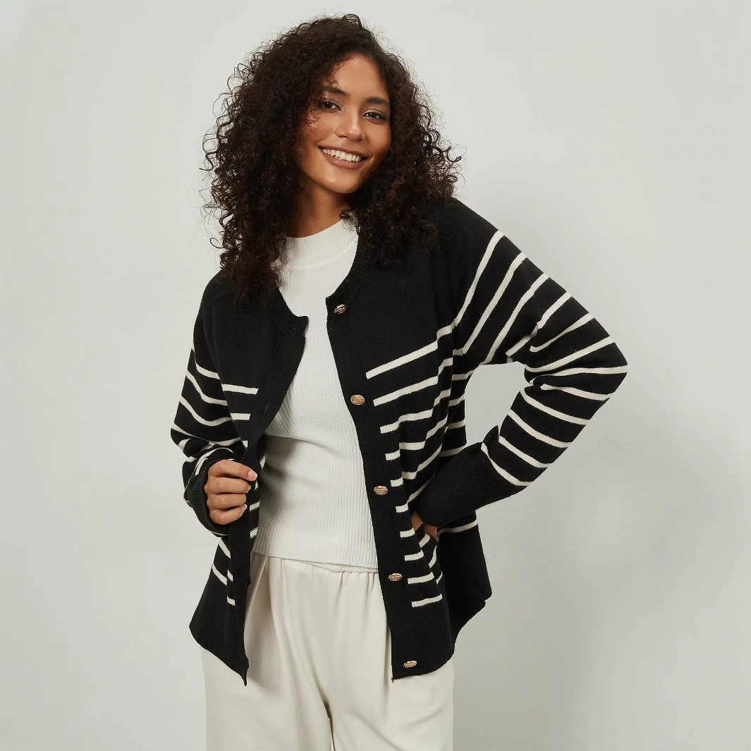 Amazon трансграничная женская одежда оптом европейский и американский стиль моды свободный круглый воротник с золотыми пуговицами в полоску