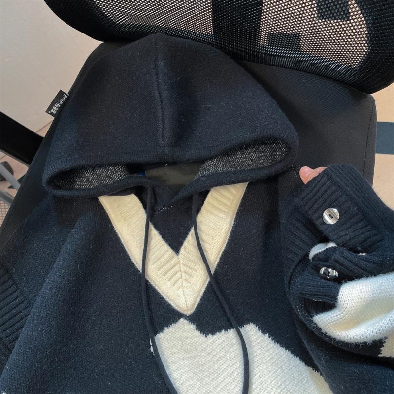Contrast Colors False-two-piece Knitted Sweater Hooded Jacket