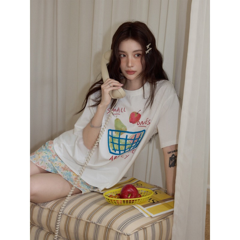 Summer Fresh White Fruit Basket Print T-Shirt for Women 2026 Lazy Loose Casual Half-Sleeve Top Pure Cotton Regular Shoulder Fit