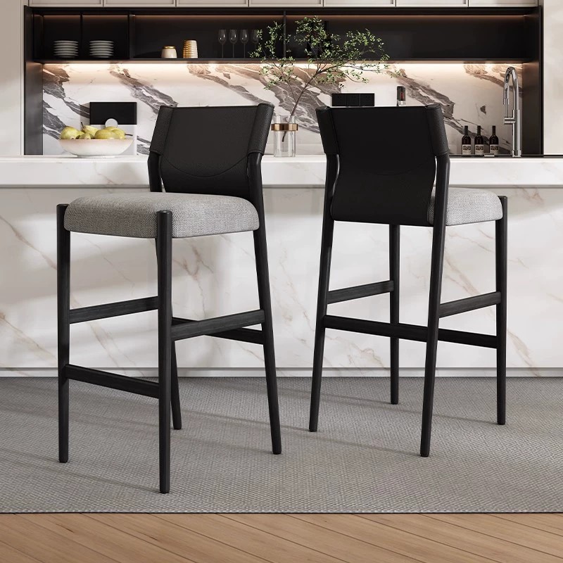 Home High Chair Saddle Leather Antique Style High-End Solid Wood Bar Chair Bar Chair Island Chair Backrest Chair Bar Chair