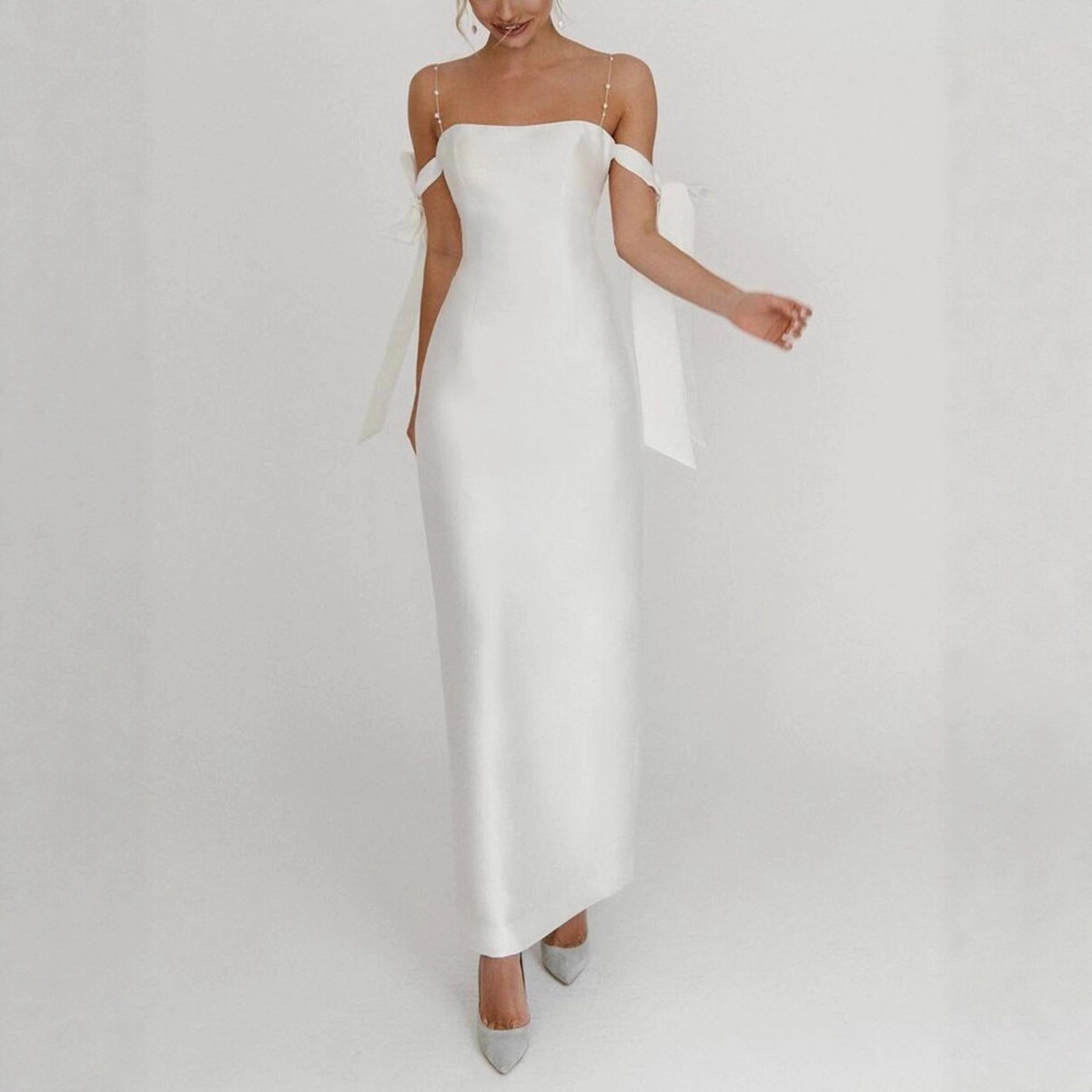 2020 Spring and Summer New European and American Foreign Trade Women's Clothing Amazon Independent Station Sexy Shoulder Pearl Elegant Dress