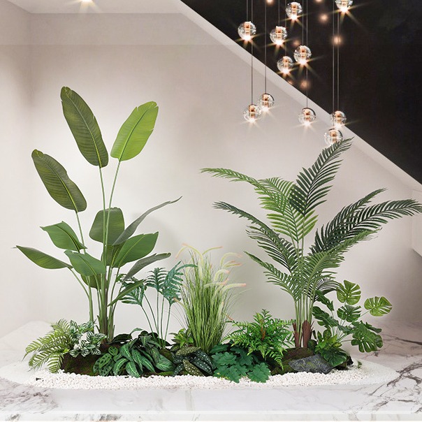 Simulación de interiores, plantación verde, paisajismo a gran escala, decoración de plantas, centro comercial, hotel, escaleras, decoración de piso de árbol falso